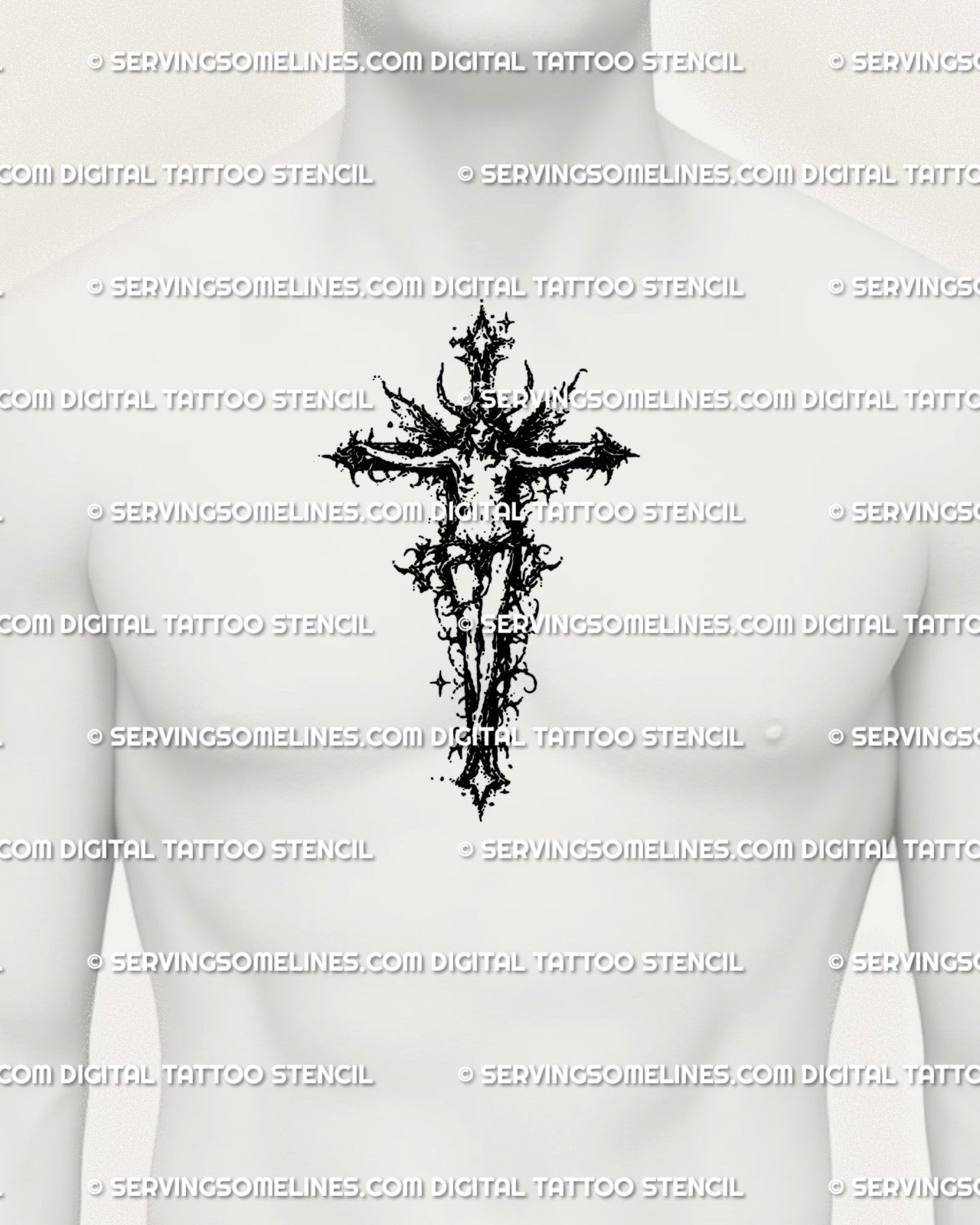 Dark fairy cross tattoo stencil shown on men chest center placement, fallen angel style cross, bold blackwork.