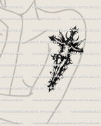 Dark fairy cross tattoo stencil shown on women's arm placement, vertical thorned cross with center guardian figure.