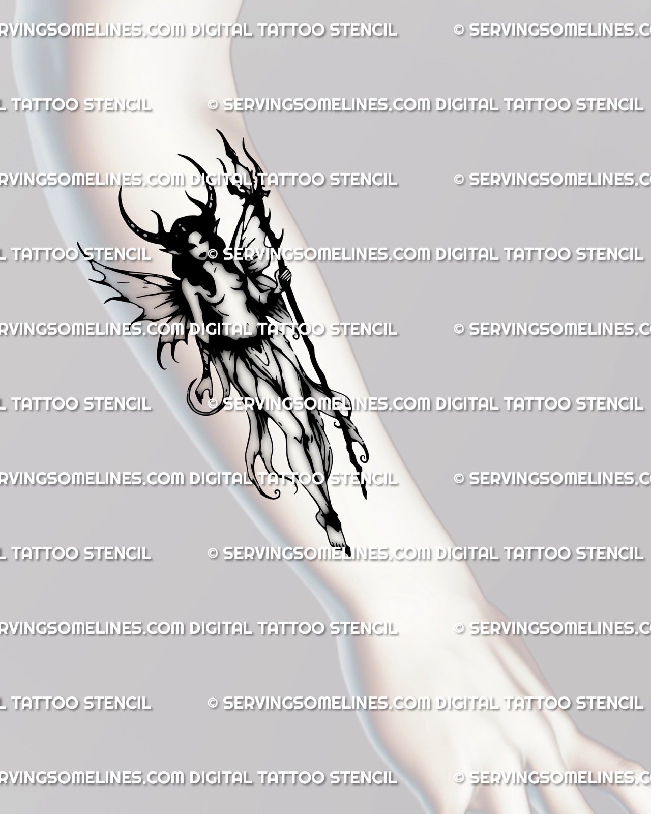 Forearm display of dark fairy gothic tattoo stencil, witchcore feminine occult fantasy tattoo idea with trident and horned wings