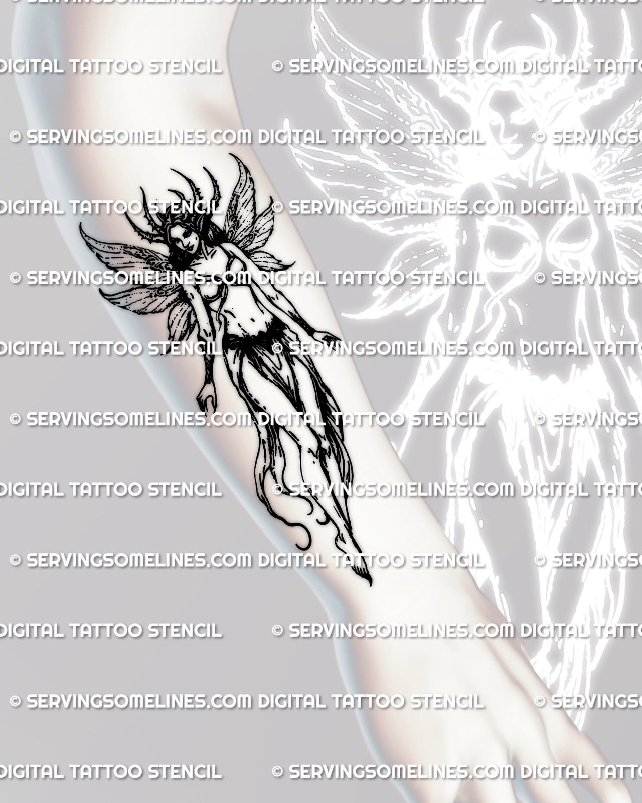 Dark fairy tattoo stencil with butterfly wings displayed on a forearm style layout, gothic fantasy line art for tattoo use.