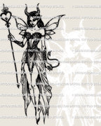 Dark fairy tattoo stencil with horns, wings and staff shown as full digital artwork, gothic demon girl line design for fantasy and occult tattoo aesthetics.