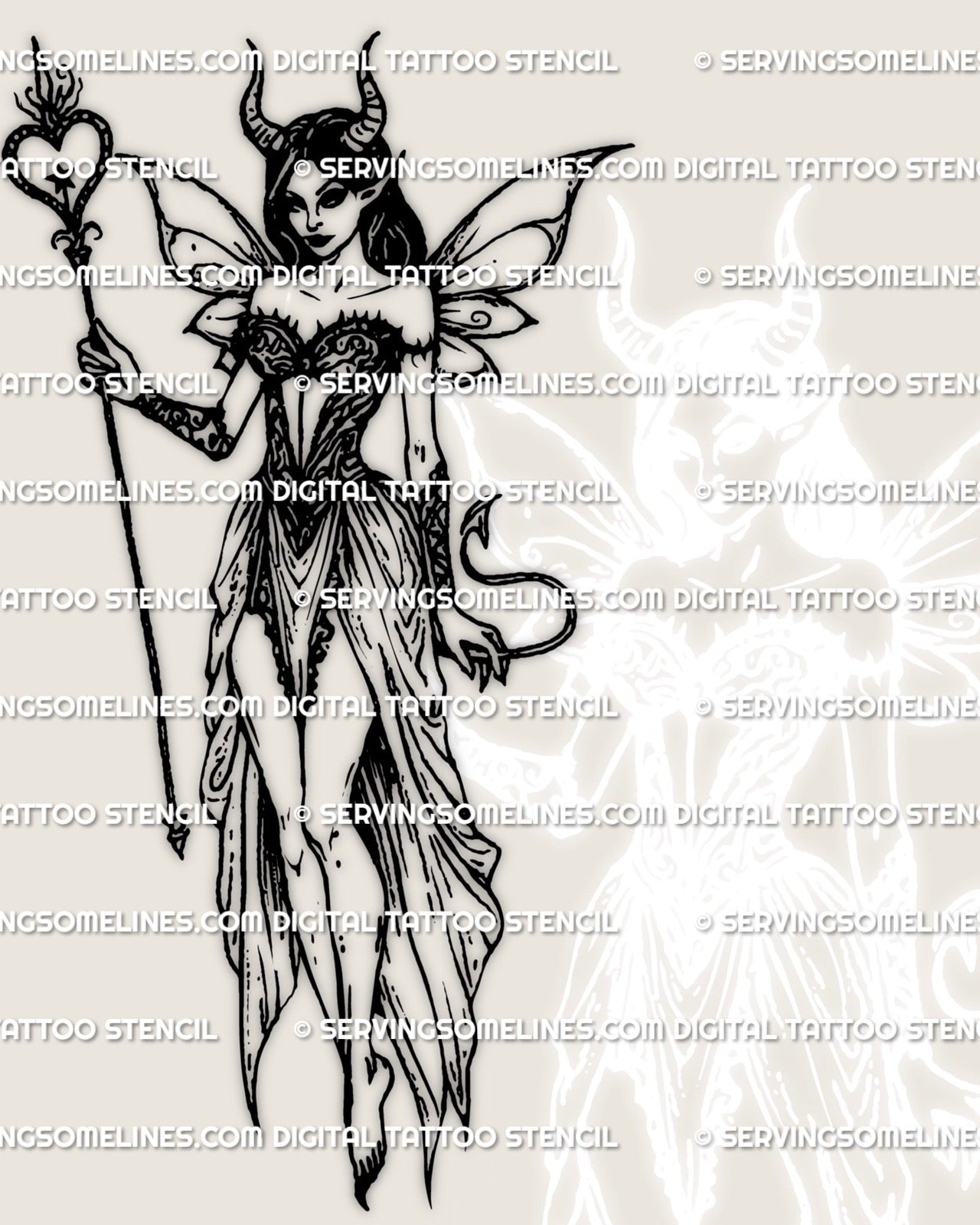 Dark fairy tattoo stencil with horns, wings and staff shown as full digital artwork, gothic demon girl line design for fantasy and occult tattoo aesthetics.