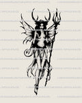 Dark fairy tattoo stencil with horns, wings, and trident, gothic witchy digital tattoo design for women, fantasy horrorcore style