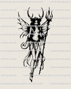 Dark fairy tattoo stencil with horns, wings, and trident, gothic witchy digital tattoo design for women, fantasy horrorcore style