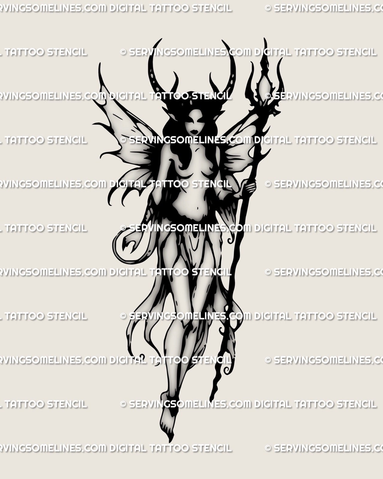 Dark fairy tattoo stencil with horns, wings, and trident, gothic witchy digital tattoo design for women, fantasy horrorcore style