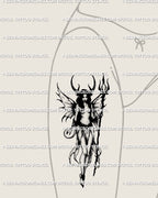 Thigh tattoo placement showing gothic dark fairy stencil with horned wings and trident, elegant witchy feminine tattoo design 