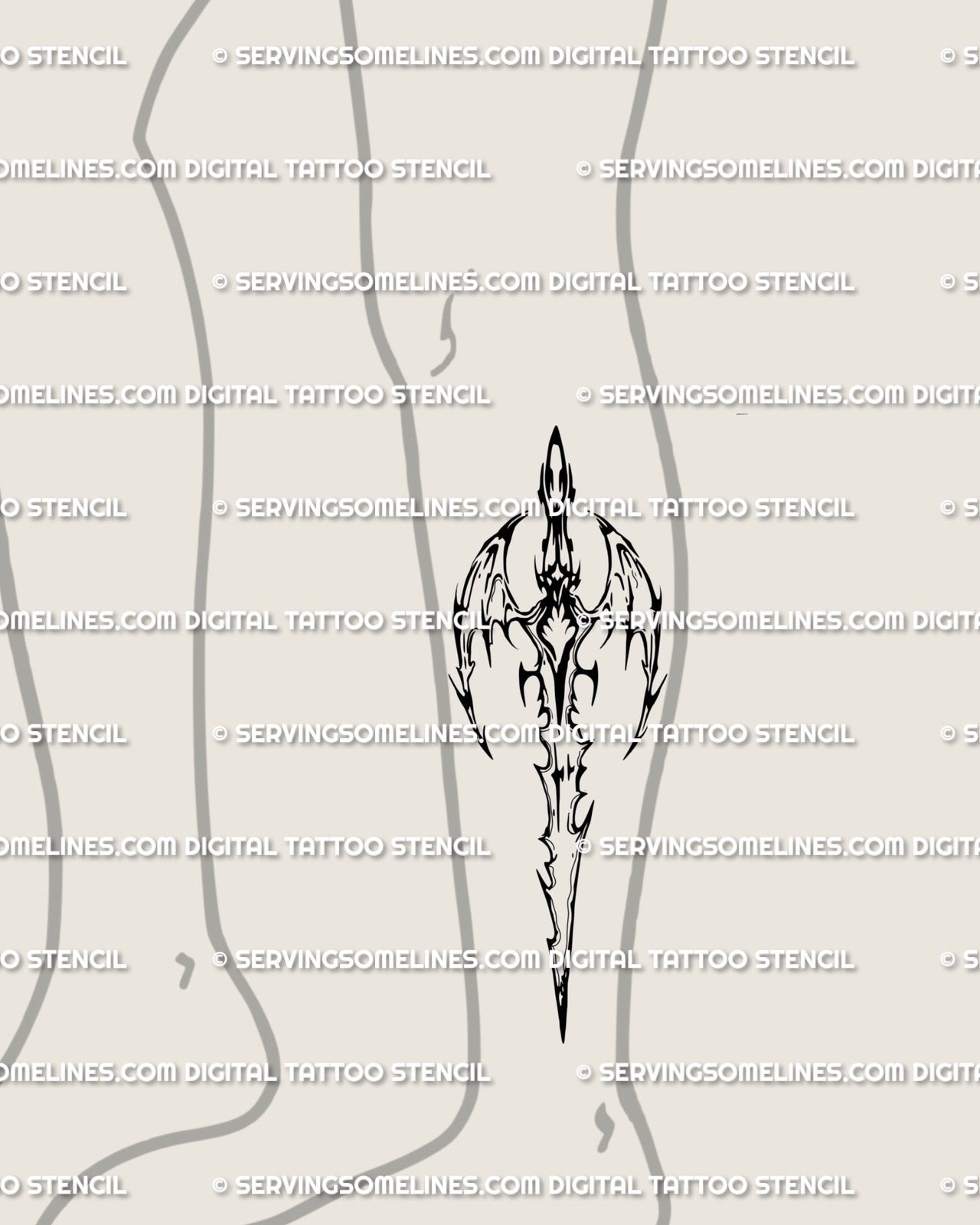 Dark fantasy blade tattoo stencil shown on lower leg placement preview, vertical sword design with printable stencil download files.