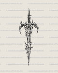 Dark fantasy cyber sword tattoo stencil, sharp neotribal blade with modern edge and cybersigilism linework, designed as digital tattoo art.