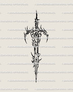Dark fantasy cyber sword tattoo stencil, sharp neotribal blade with gothic edge and cybersigilism linework, designed as digital tattoo art.