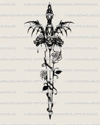 Alternate full design view, dark fantasy dagger tattoo stencil, clear edges and spacing, resized for different placements.