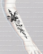 Dark fantasy dagger tattoo stencil displayed on forearm placement example, vertical layout, clean transfer-ready linework.