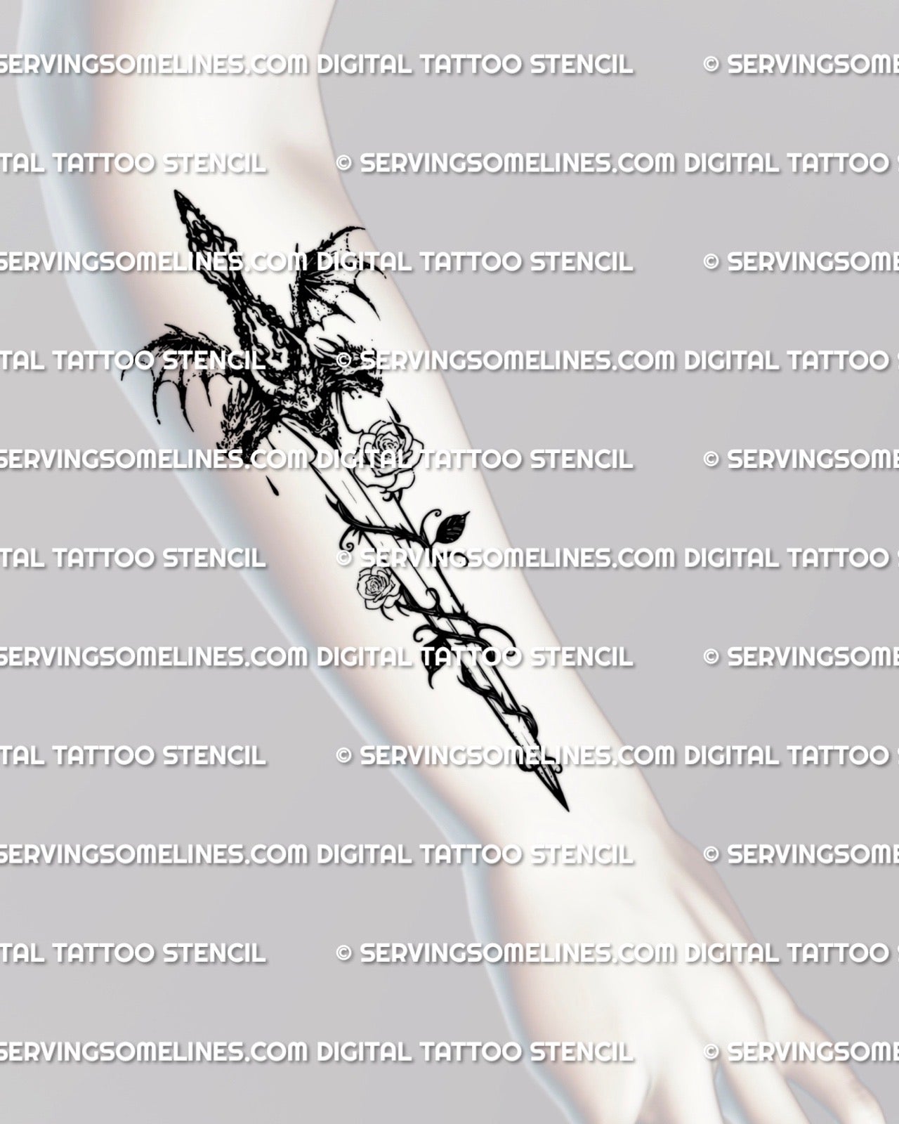Dark fantasy dagger tattoo stencil displayed on forearm placement example, vertical layout, clean transfer-ready linework.
