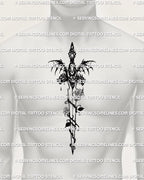 Dark fantasy dagger tattoo stencil shown on mens chest center placement, bold vertical piece, clean lines for stencil printing.