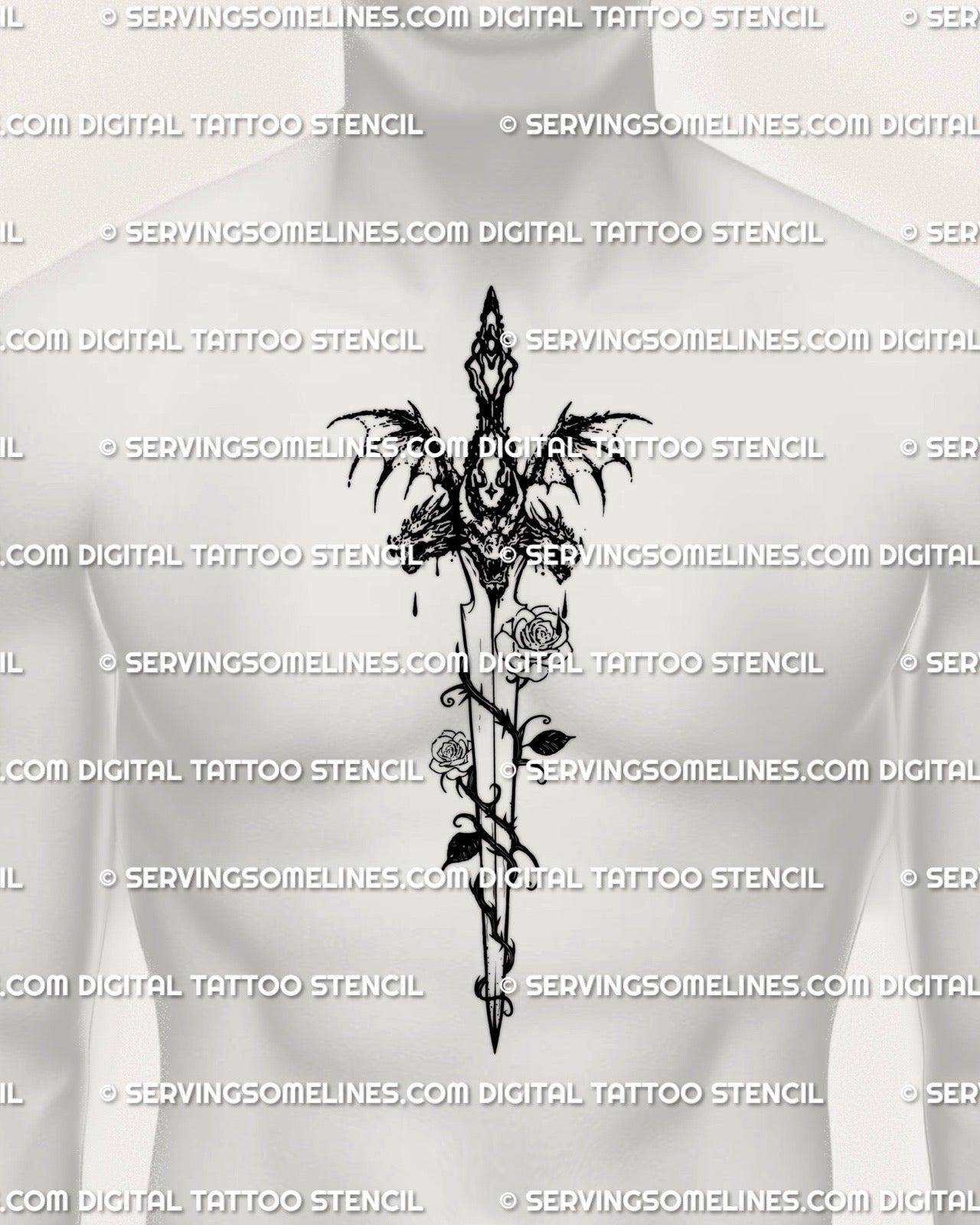 Dark fantasy dagger tattoo stencil shown on mens chest center placement, bold vertical piece, clean lines for stencil printing.