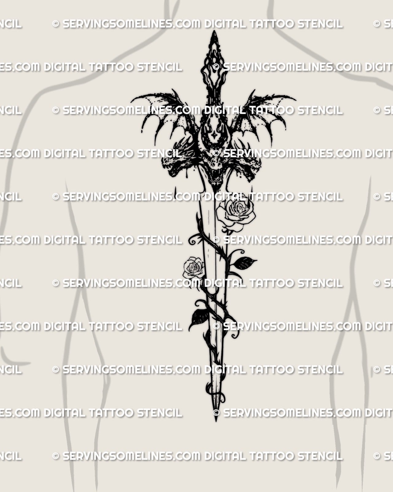 Dark fantasy dagger tattoo stencil shown on mens spine placement example, long centered design, printable stencil download.