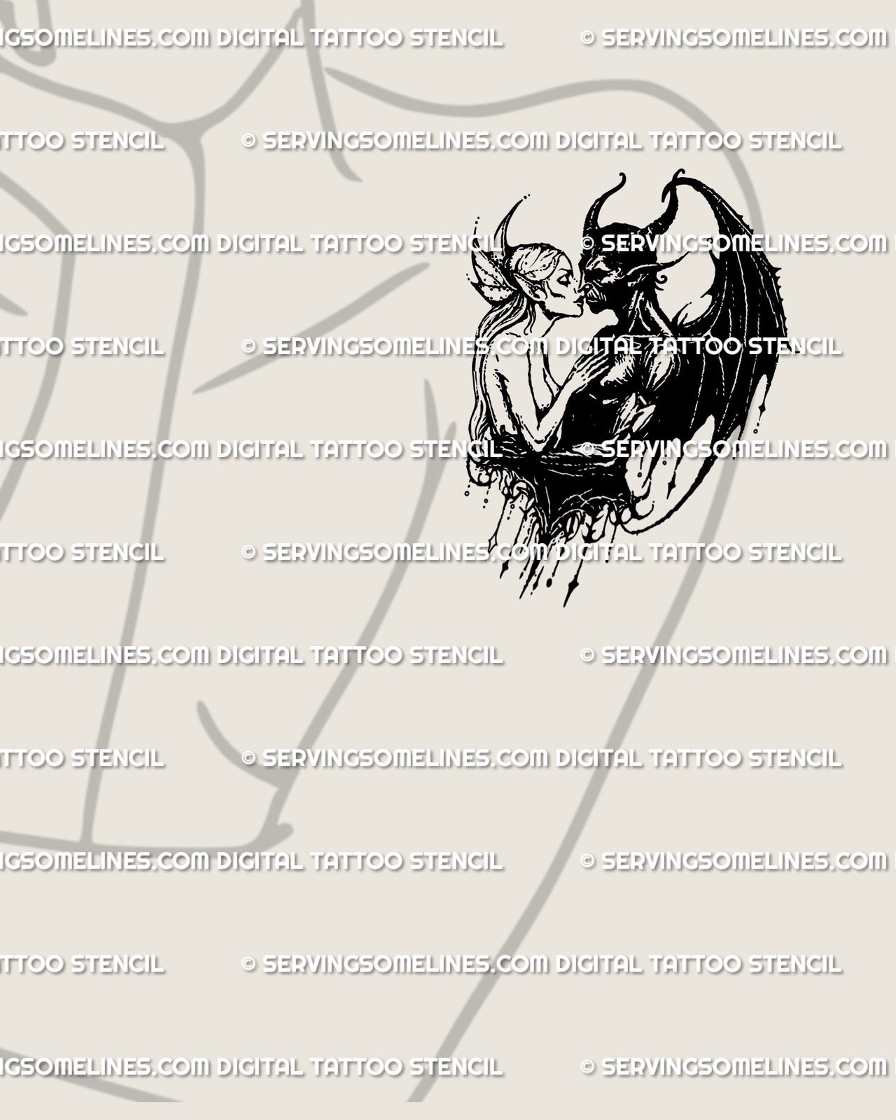 Female arm placement of devil and angel tattoo, romantic dark fantasy line art showing balance of shadow and light.