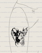 Dark fantasy devil and fairy digital tattoo stencil displayed on front thigh, gothic lovers blackwork romance design
