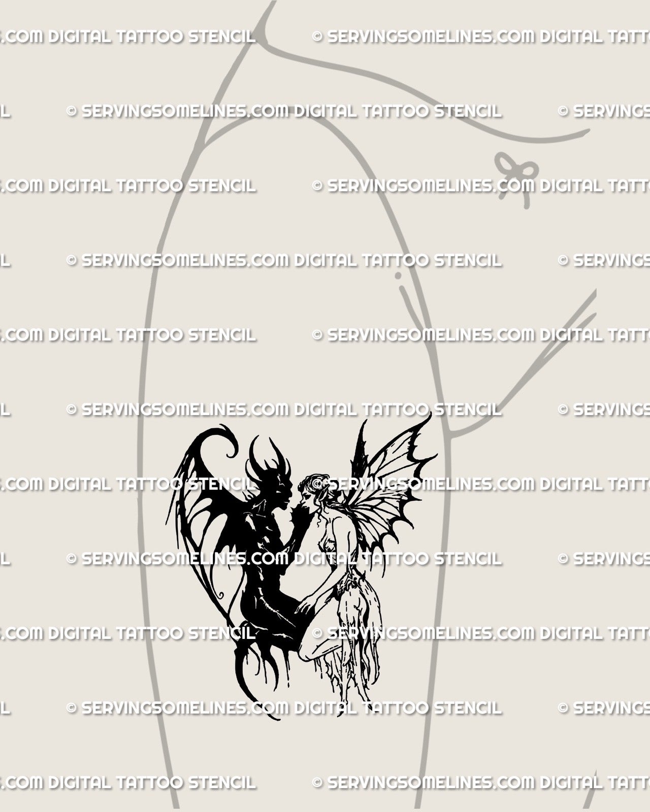 Dark fantasy devil and fairy digital tattoo stencil displayed on front thigh, gothic lovers blackwork romance design