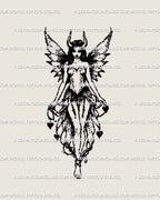 Digital gothic fairy tattoo design in fantasy linework style, blackwork outline preview showing elegant wing structure.