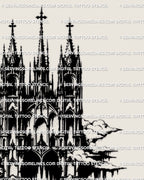 Dark fantasy gothic cathedral tattoo stencil with intricate architectural detail, built for tattoo artists who need clean structured linework
