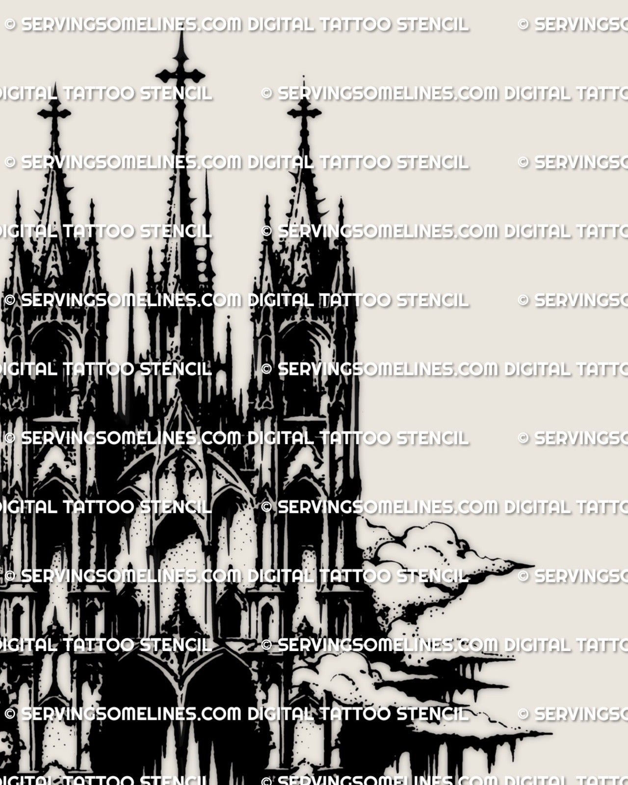 Dark fantasy gothic cathedral tattoo stencil with intricate architectural detail, built for tattoo artists who need clean structured linework
