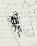 Women’s arm placement showing dark feminine fairy tattoo stencil, gothic witchcore fantasy design with horned wings and trident 