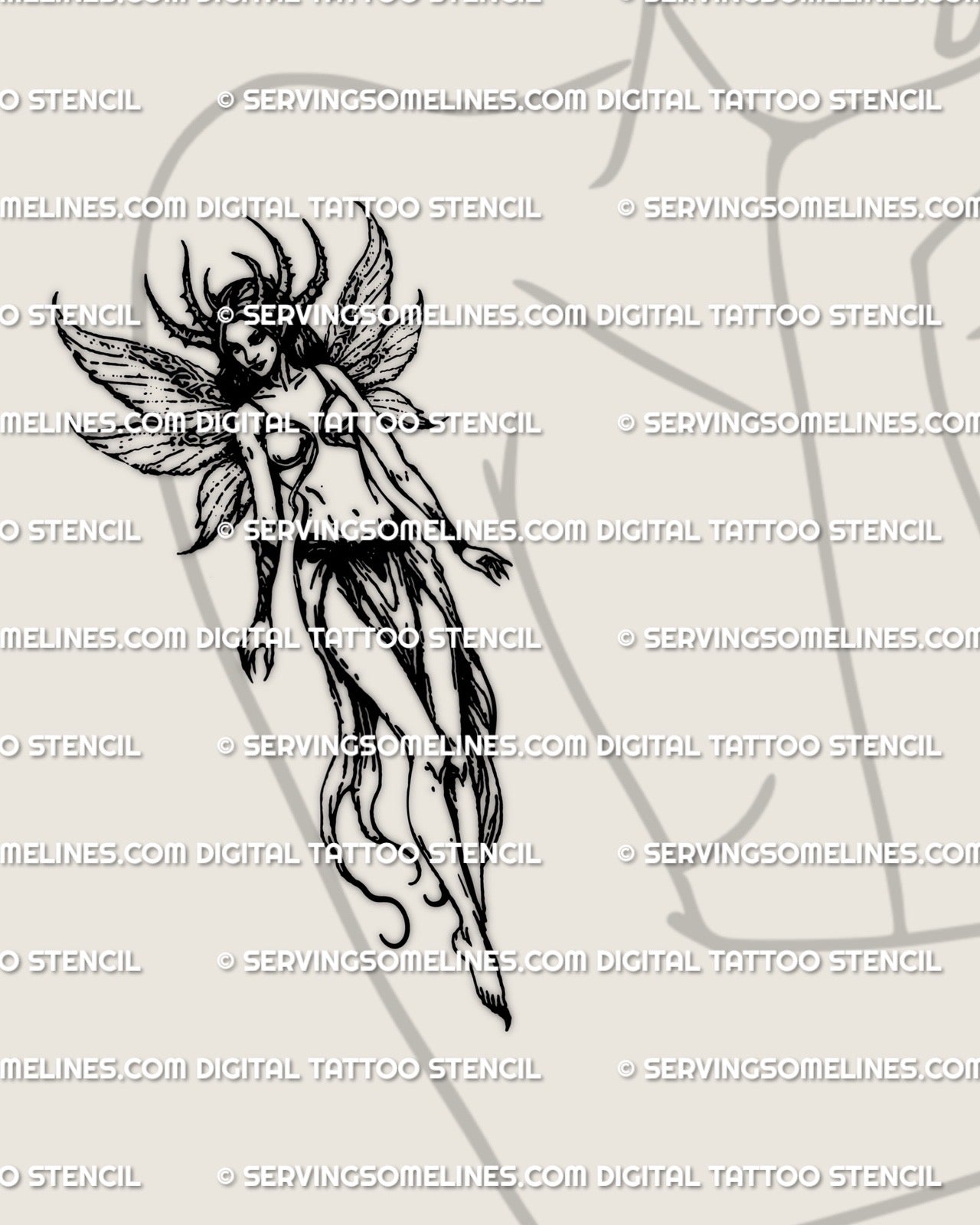 Gothic butterfly fairy tattoo stencil shown in a women’s upper arm placement example, dark feminine fantasy artwork.