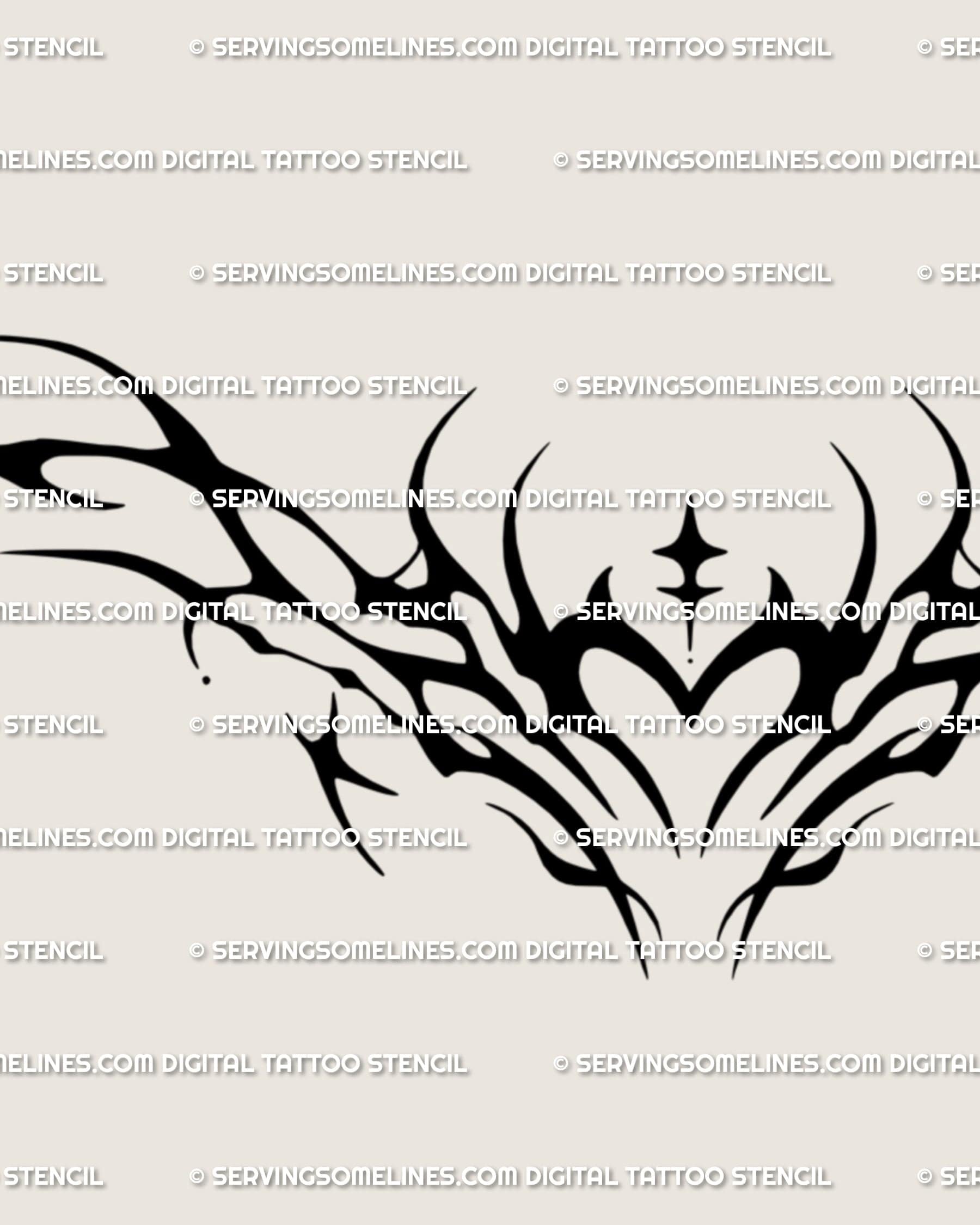 Close detail of the dark feminine heart chest tattoo stencil, showing the solid black heart center and flowing flame edges.