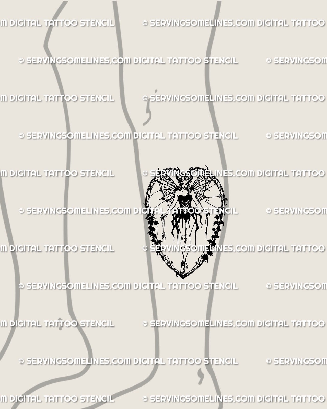 Dark feminine fairy tattoo placed on lower side leg, blackwork succubus design with horns and webbed wings. 