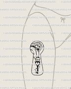 Keyhole themed heart key tattoo shown on a woman’s hip as a digital stencil preview with lips and tongue shapes in clean linework for soft feminine placement