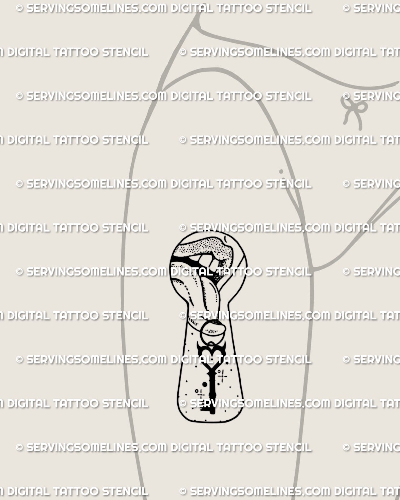 Keyhole themed heart key tattoo shown on a woman’s hip as a digital stencil preview with lips and tongue shapes in clean linework for soft feminine placement
