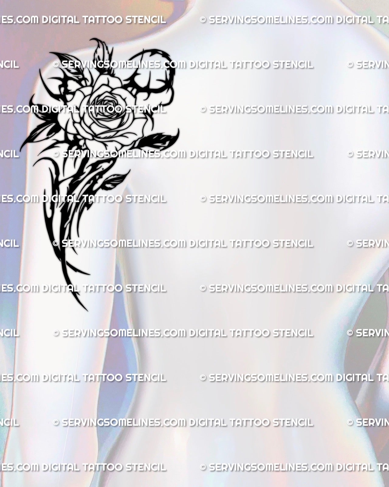 Gothic neotribal rose tattoo on shoulder, dark blackwork floral stencil design with sharp tribal blades and protective cyber ornament vibe.