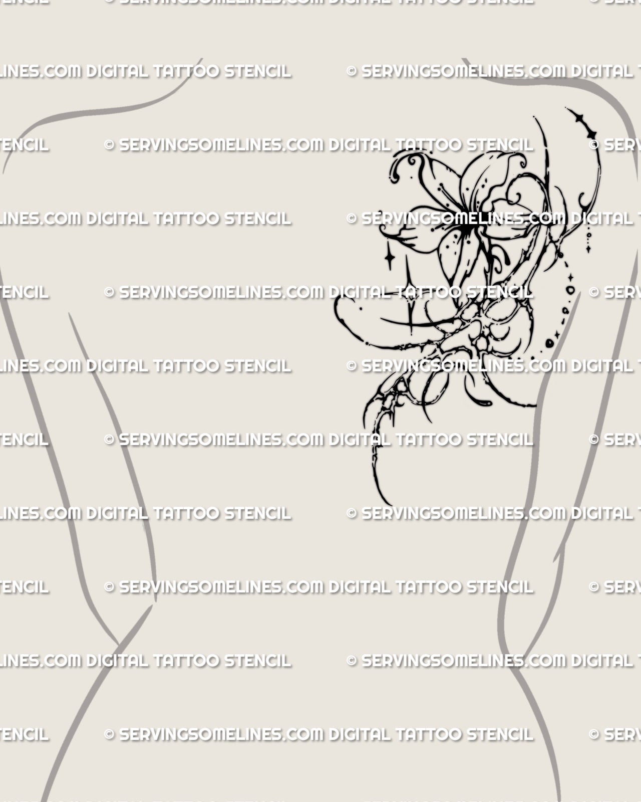 Dark flower tattoo stencil displayed on back shoulder placement example, cybersigilism flower design download.
