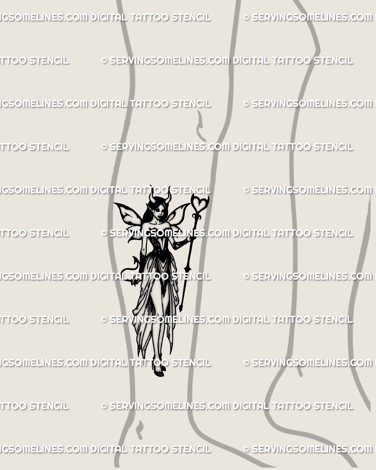 Lower leg tattoo display of gothic succubus fairy stencil, horned feminine design mixing dark goddess fantasy and occult tattoo style