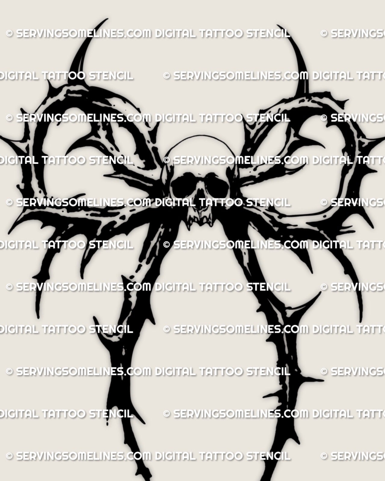 Dark gothic skull thorn bow tattoo stencil displayed as a printable digital design, sharp skull emblem for buyers searching for gothic tattoo stencil downloads