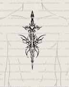 Dark gothic sword tattoo shown across a man’s chest and sternum, spiky fantasy blade with tribal accents for strong masculine tattoo looks