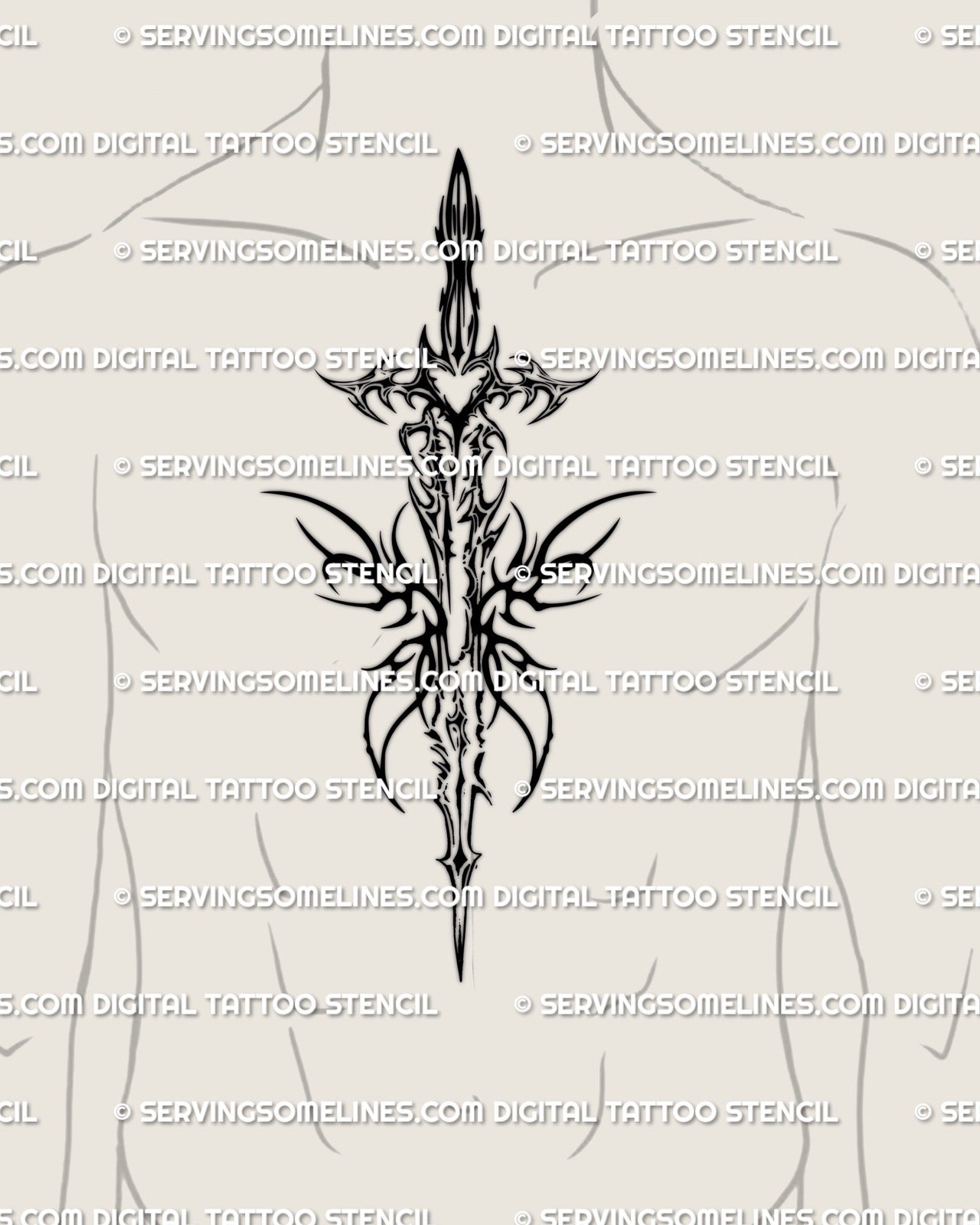 Dark gothic sword tattoo shown across a man’s chest and sternum, spiky fantasy blade with tribal accents for strong masculine tattoo looks