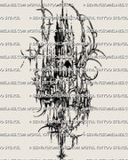 Dark gothic castle tattoo design with slim towered shape, cyber ornamental lines, and sharp spire architecture