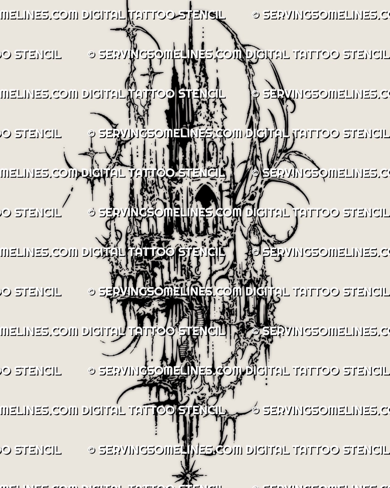 Dark gothic castle tattoo design with slim towered shape, cyber ornamental lines, and sharp spire architecture