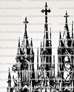 Close view of gothic cathedral tattoo stencil with pointed arches, chain detail, dark shading, and blackwork structure.