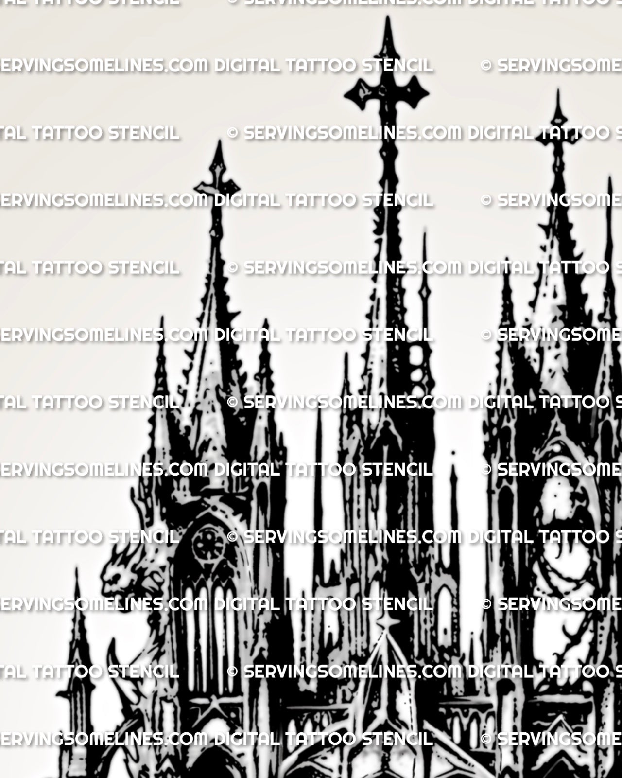 Close view of gothic cathedral tattoo stencil with pointed arches, chain detail, dark shading, and blackwork structure.