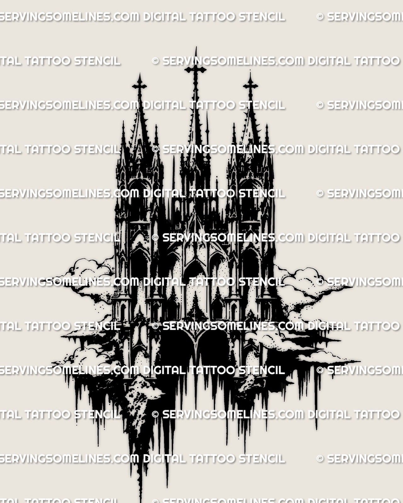 Dark gothic church tattoo stencil featuring medieval cathedral forms, sharp linework, and high contrast blackwork for professional tattoo use