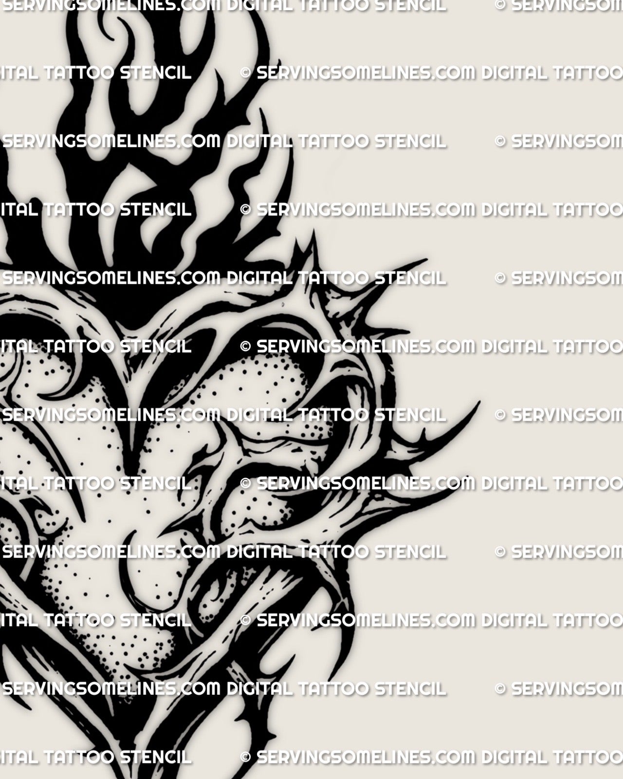 Close view of a dark gothic heart tattoo stencil with thorn shapes and flame crown, high resolution product file meant for clean stencil transfer