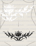 dark gothic rose tattoo stencil shown on women’s lower stomach placement, bold blackwork rose design created for shoppers seeking gothic tattoo stencils