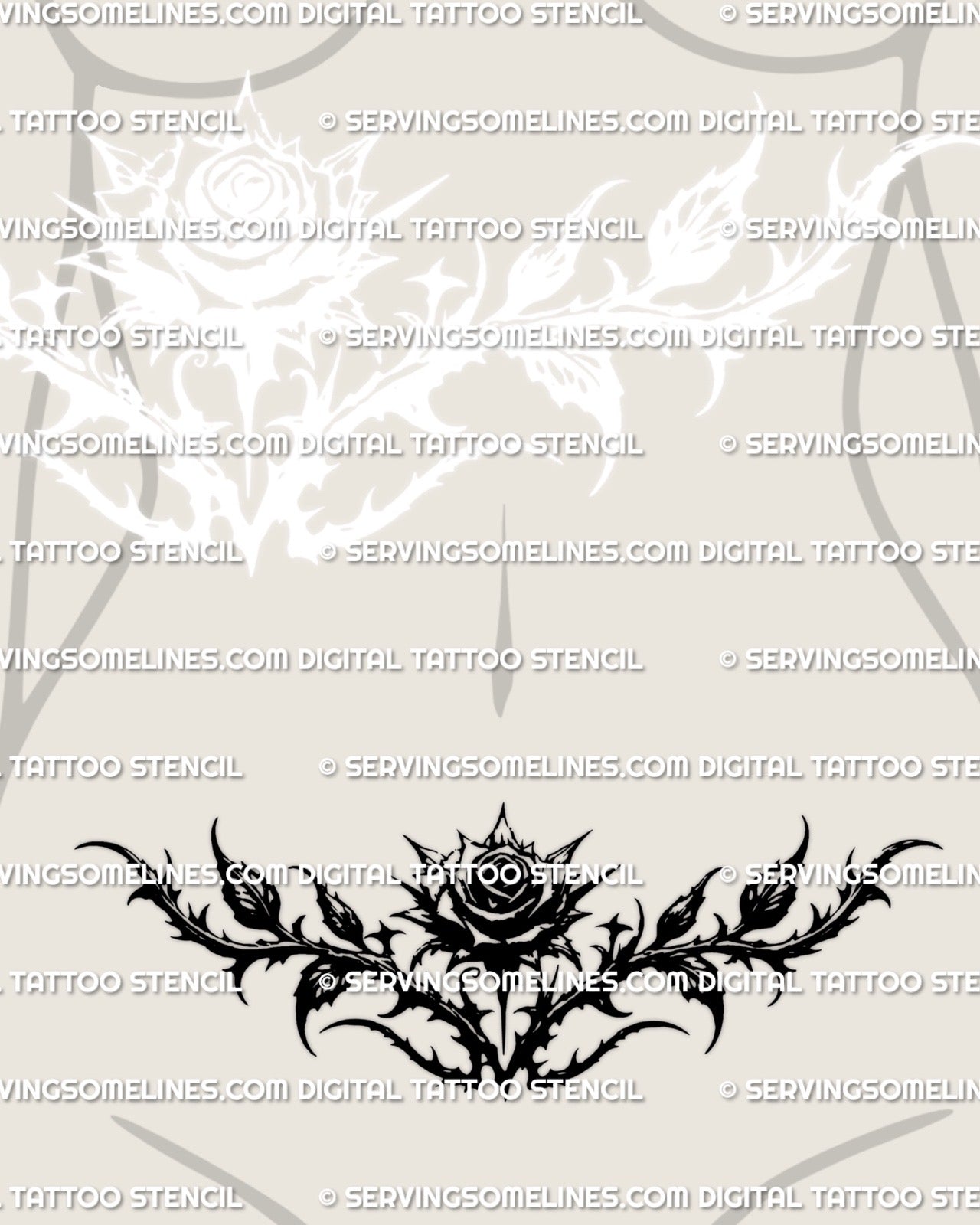 dark gothic rose tattoo stencil shown on women’s lower stomach placement, bold blackwork rose design created for shoppers seeking gothic tattoo stencils
