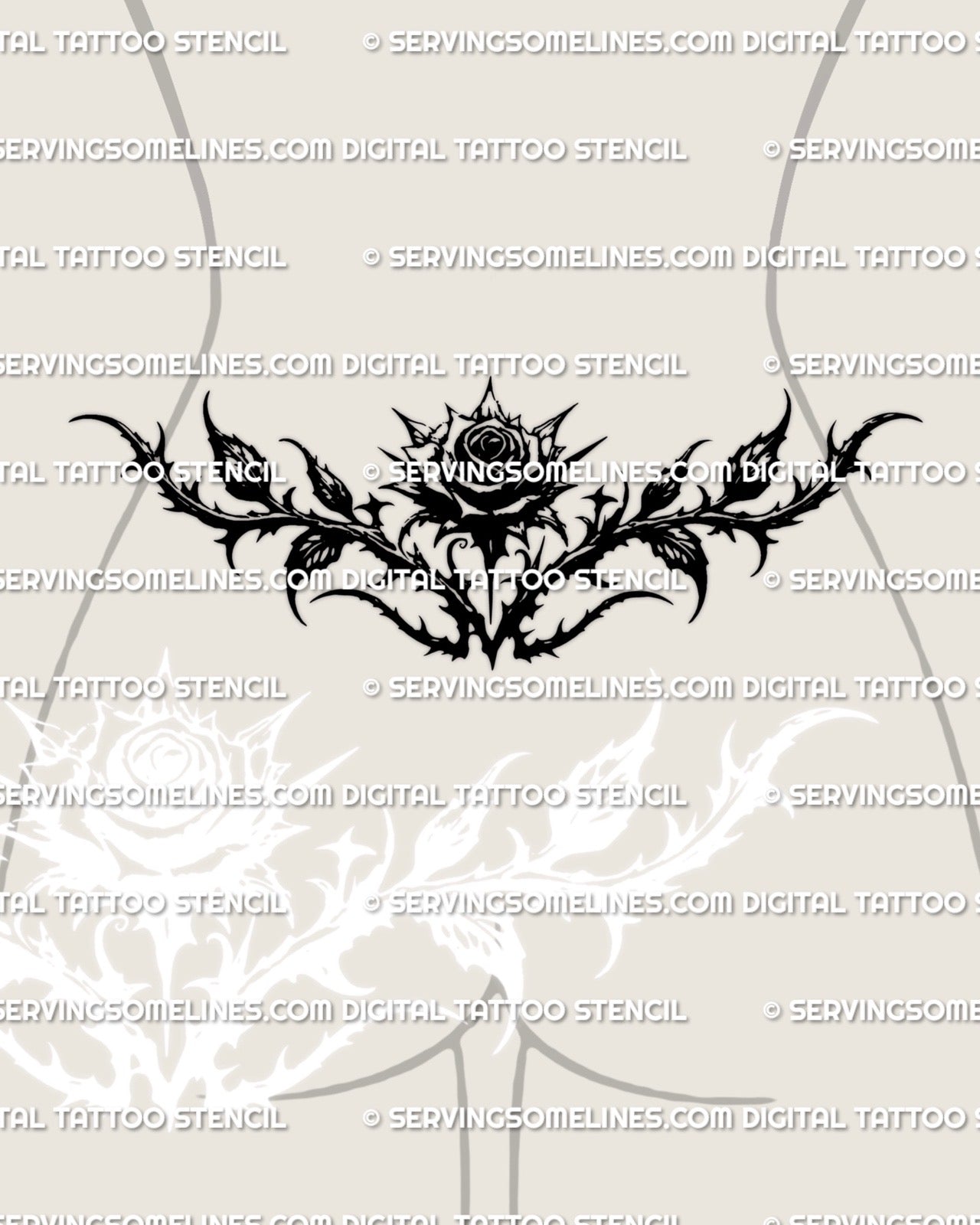 dark gothic rose tattoo stencil displayed as a feminine tramp stamp idea, blackwork thorns shaped for waistline placement