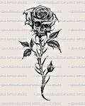 Dark gothic skull rose tattoo stencil displayed in full view with heavy blackwork contrast, a detailed masculine skull flower design ready for download