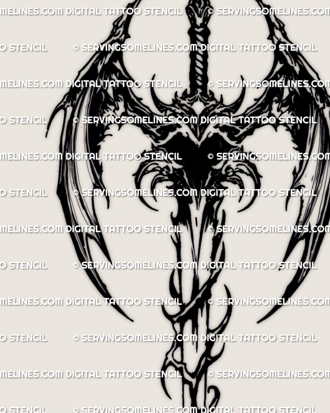Dark gothic sword tattoo stencil in blackwork with thorn wrapped blade, demon wings, and black heart center, digital tattoo design