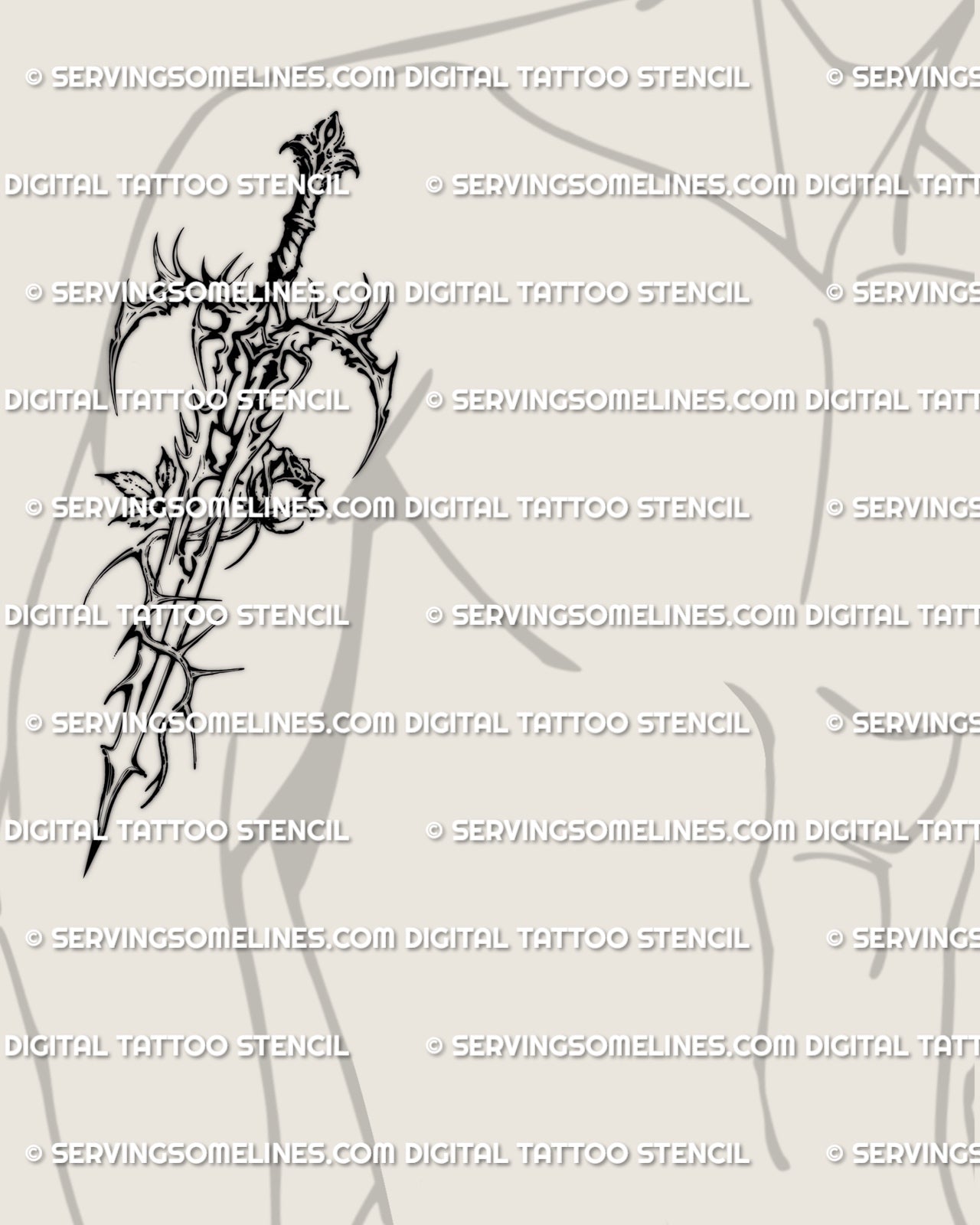 Dark gothic sword tattoo stencil placed on a man’s arm, bold vertical blade shown as a professional digital stencil for men seeking gothic tattoo ideas