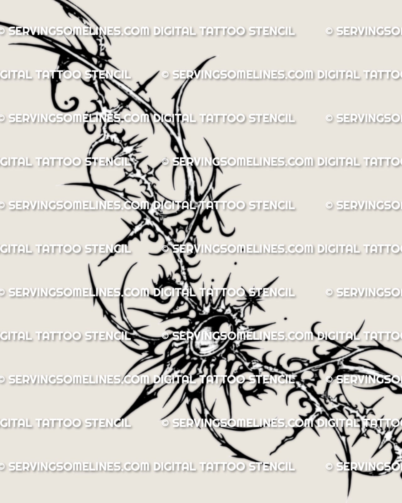 Main design view of a dark gothic waist tattoo stencil, showing sharp outer framing and a relic style center.